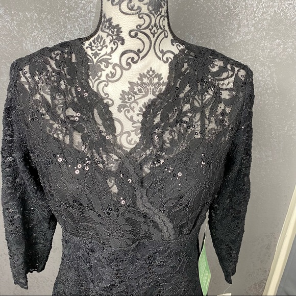 Blu Sage black lace sequin v-neck illusion knee length party formal dress - Picture 3 of 10